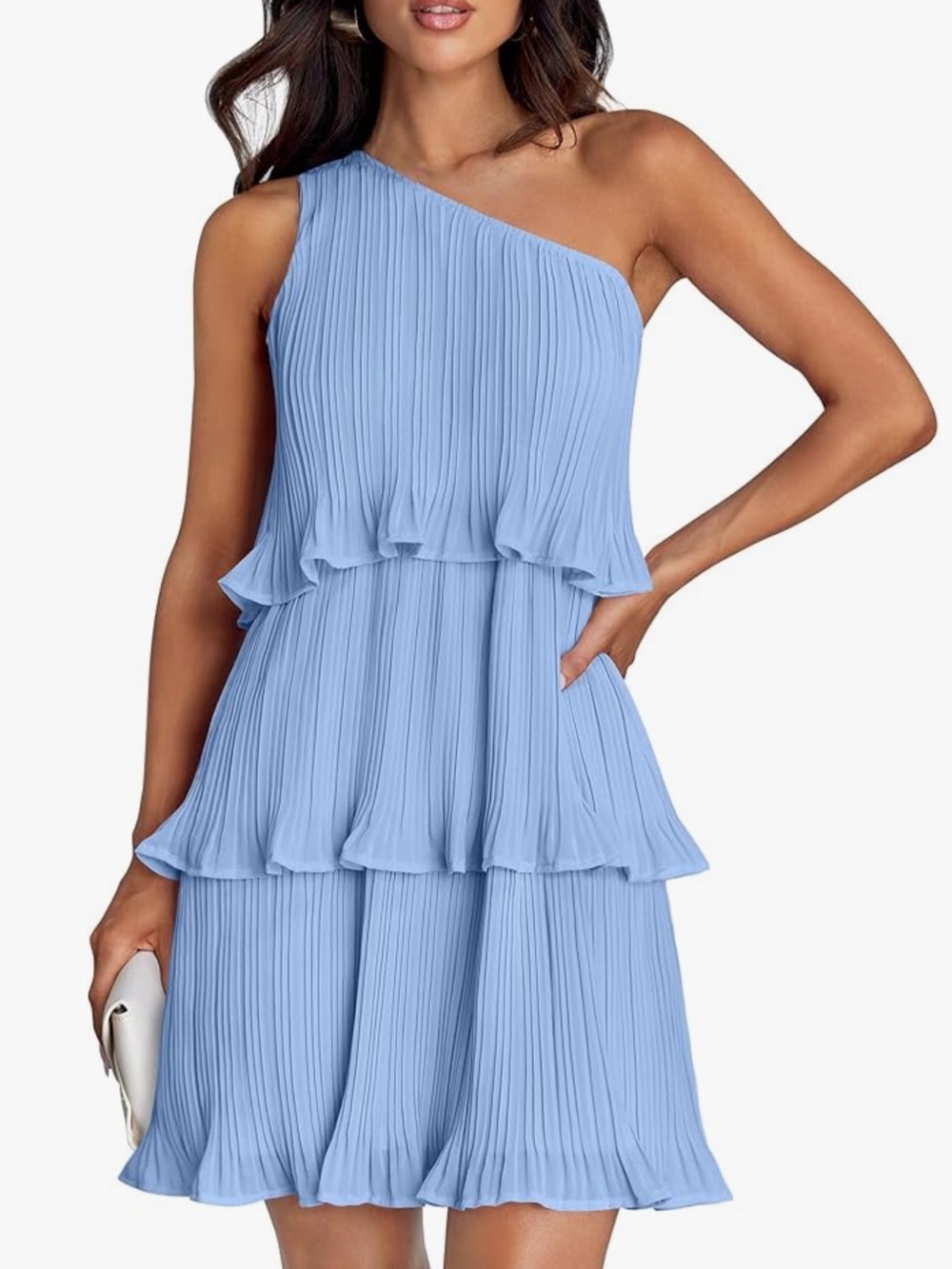 ZESICA Sleeveless One Shoulder Ruffle Tiered Layered A Line Chiffon Mini Dress
